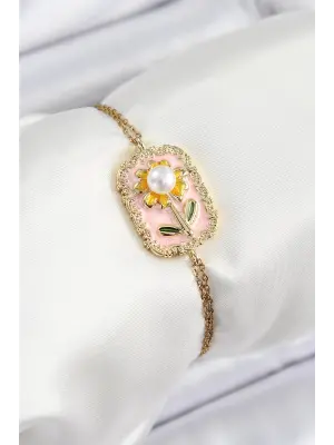 316L Çelik Zincir Pembe Mineli Sanatsal Portre İnci Detaylı Papatya Model Gold Renk Kadın Bileklik