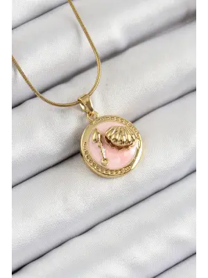 316L Çelik Zincir Pembe Mineli Sanatsal Portre İstiridye Model Gold Renk Kadın Kolye