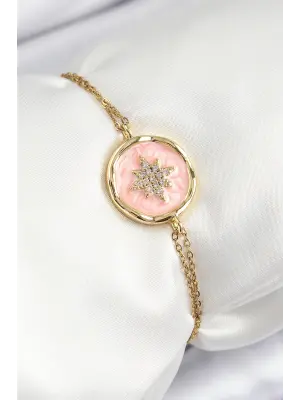 316L Çelik Zincir Pembe Mineli Sanatsal Portre Kuzey Yıldızı Model Gold Renk Kadın Bileklik