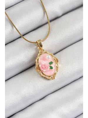 316L Çelik Zincir Pembe Sanatsal Portre İnci Detaylı Gül Figürlü Model Gold Renk Kadın Kolye