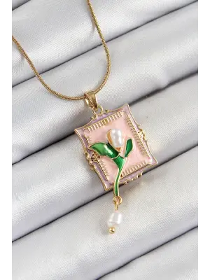 316L Çelik Zincir Pembe Sanatsal Portre Sallantılı İnci Detaylı Lale Model Gold Renk Kadın Kolye