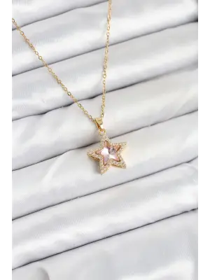 316L Çelik Zincir Pembe Taşlı Yıldız Model Kadın Kolye