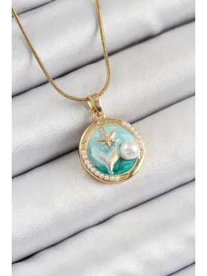 316L Çelik Zincir Turkuaz Mineli Sanatsal Portre İnci Detaylı Deniz Yılıdızı Model Gold Renk Kadın Kolye