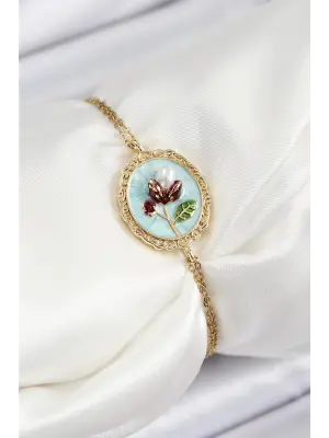 316L Çelik Zincir Turkuaz Mineli Sanatsal Portre İnci Detaylı Lale Model Gold Renk Kadın Bileklik