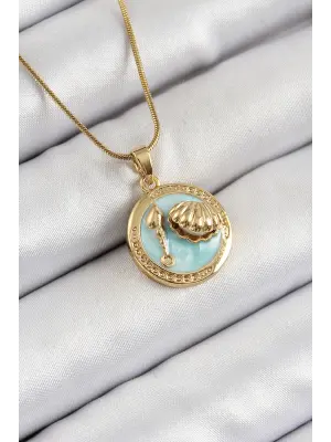 316L Çelik Zincir Turkuaz Mineli Sanatsal Portre İstiridye Model Gold Renk Kadın Kolye