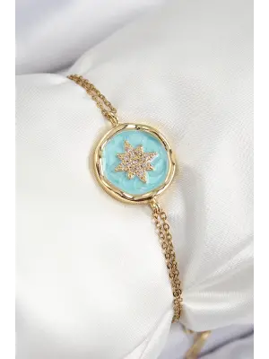 316L Çelik Zincir Turkuaz Mineli Sanatsal Portre Kuzey Yıldızı Model Gold Renk Kadın Bileklik