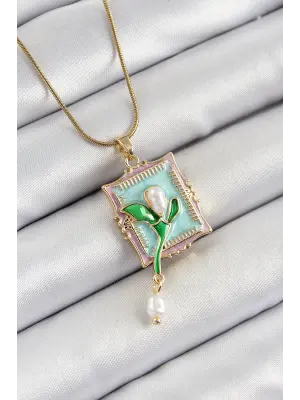 316L Çelik Zincir Turkuaz Sanatsal Portre Sallantılı İnci Detaylı Lale Model Gold Renk Kadın Kolye