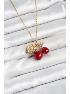 316L Çelik Zincir Yapraklı Kiraz Model Gold Renk Kadın Kolye