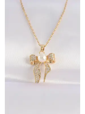  Zincir Zirkon Taşlı Altın  İnci Detaylı Fiyonk Çelik Kolye