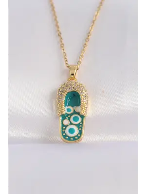  Zincir Zirkon Taşlı Altın  Nazarlı Terlik Tasarımlı Çelik Kolye