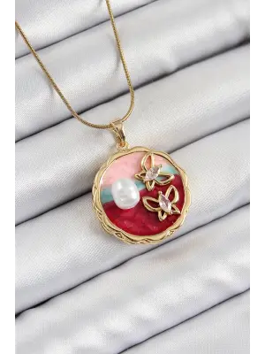 316L Çelik Zincir Zirkon Taşlı Asorti Sanatsal Portre İnci Detaylı Kelebek Figürlü Model Gold Renk Kadın Kolye