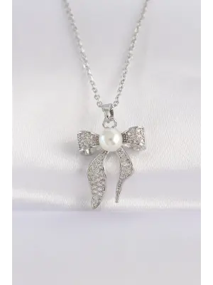  Zincir Zirkon Taşlı Gümüş  İnci Detaylı Fiyonk Çelik Kolye