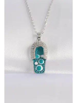  Zincir Zirkon Taşlı Gümüş  Nazarlı Terlik Tasarımlı Çelik Kolye