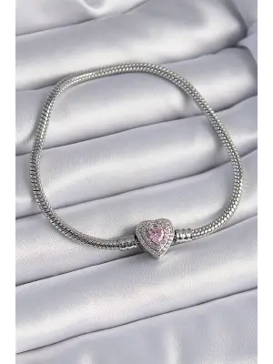 316L Çelik Zincir Zirkon Taşlı Kalp Figür Charm Model Kadın Bileklik