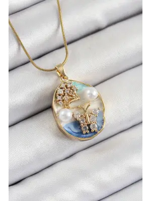 316L Çelik Zincir Zirkon Taşlı Mavi Beyaz Sanatsal Portre İnci Detaylı Ağaç Ve Kelebek Figürlü Model Gold Renk Kadın Kolye