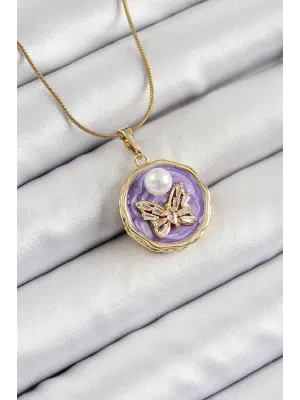 316L Çelik Zincir Zirkon Taşlı Mor Sanatsal Portre İnci Detaylı Kelebek Model Gold Renk Kadın Kolye