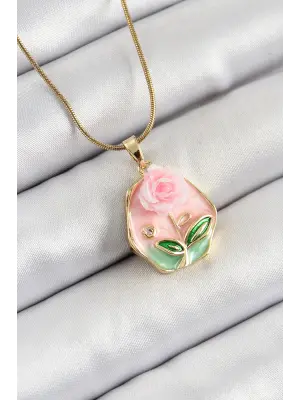 316L Çelik Zincir Zirkon Taşlı Pembe Sanatsal Portre Gül Figürlü Beşgen Model Gold Renk Kadın Kolye