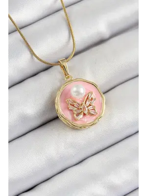 316L Çelik Zincir Zirkon Taşlı Pembe Sanatsal Portre İnci Detaylı Kelebek Model Gold Renk Kadın Kolye