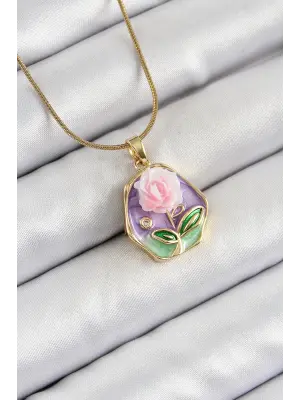 316L Çelik Zincir Zirkon Taşlı Pembe Ve Mor Sanatsal Portre Gül Figürlü Beşgen Model Gold Renk Kadın Kolye