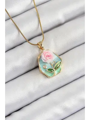 316L Çelik Zincir Zirkon Taşlı Pembe ve Yeşil Sanatsal Portre Gül Figürlü Beşgen Model Gold Renk Kadın Kolye