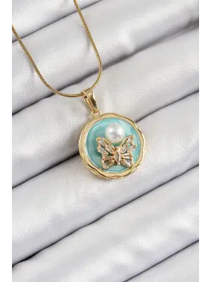 316L Çelik Zincir Zirkon Taşlı Turkuaz Sanatsal Portre İnci Detaylı Kelebek Model Gold Renk Kadın Kolye