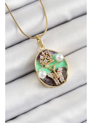 316L Çelik Zincir Zirkon Taşlı Yeşil Mor Sanatsal Portre İnci Detaylı Ağaç Ve Kelebek Figürlü Model Gold Renk Kadın Kolye