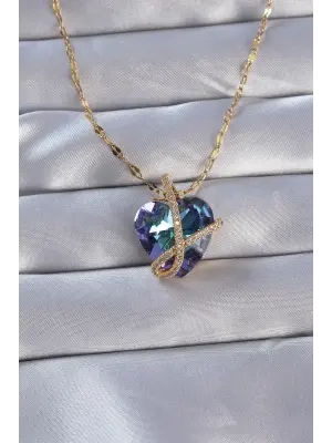  Zincirli Altın  Zirkon Taşlı Anna Kalp Çelik Kolye