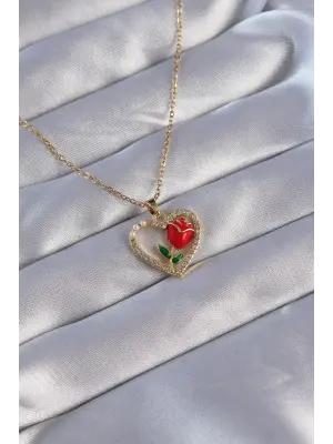  Zincirli Altın  Zirkon Taşlı Kalp İçinde Kırmızı Gül Tasarımlı Çelik Kolye