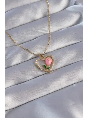  Zincirli Altın  Zirkon Taşlı Kalp İçinde Pembe Gül Tasarımlı Çelik Kolye