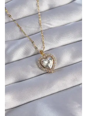  Zincirli Altın  Zirkon Taşlı Kalp Çelik Kolye