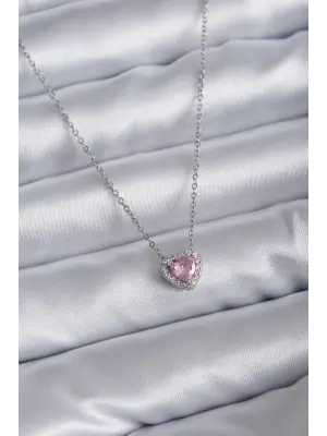  Zincirli Gümüş  Pembe Zirkon Taşlı Charm  Çelik Kolye