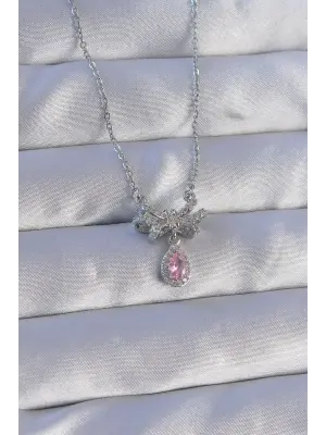  Zincirli Gümüş  Pembe Zirkon Taşlı Damla Detay Fiyonk Model Çelik Kolye