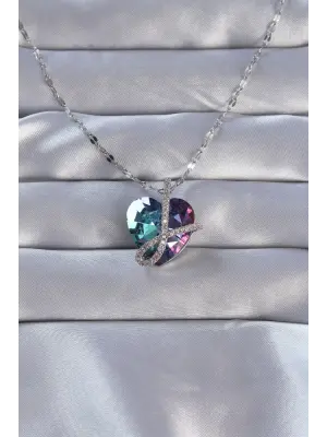  Zincirli Gümüş  Zirkon Taşlı Anna Kalp Çelik Kolye