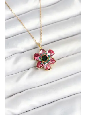 316L Çelik Zincirli Pembe Çiçek Model Kadın Kolye