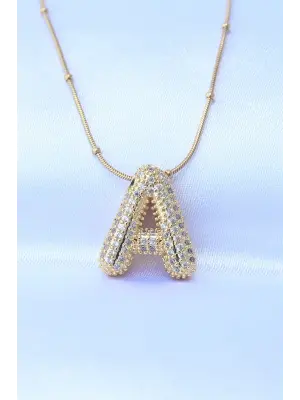  Zincirli Zirkon Taşlı A Harfli Altın  Bubble Çelik Kolye