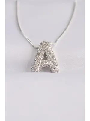  Zincirli Zirkon Taşlı A Harfli Silver  Bubble Çelik Kolye