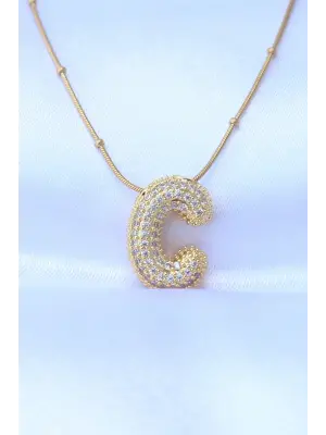  Zincirli Zirkon Taşlı C Harfli Altın  Bubble Çelik Kolye