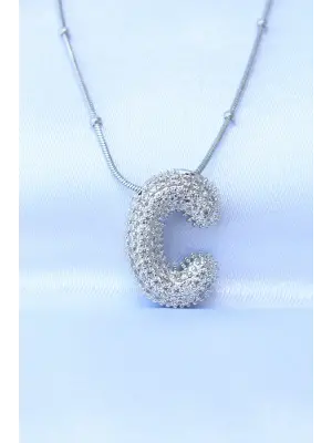  Zincirli Zirkon Taşlı C Harfli Gümüş  Bubble Çelik Kolye