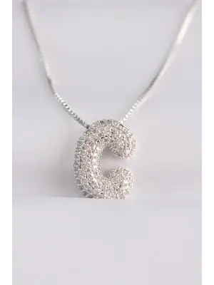  Zincirli Zirkon Taşlı C Harfli Silver  Bubble Çelik Kolye