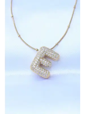  Zincirli Zirkon Taşlı E Harfli Altın  Bubble Çelik Kolye