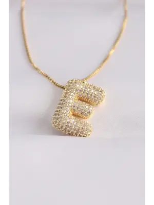  Zincirli Zirkon Taşlı E Harfli Altın  Bubble Çelik Kolye