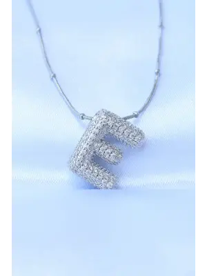  Zincirli Zirkon Taşlı E Harfli Gümüş  Bubble Çelik Kolye