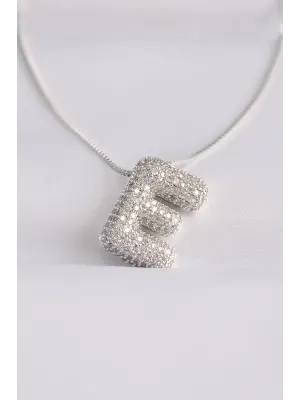  Zincirli Zirkon Taşlı E Harfli Silver  Bubble Çelik Kolye