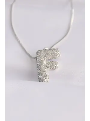  Zincirli Zirkon Taşlı F Harfli Silver  Bubble Çelik Kolye