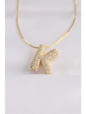  Zincirli Zirkon Taşlı K Harfli Altın  Bubble Çelik Kolye
