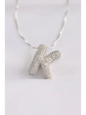  Zincirli Zirkon Taşlı K Harfli Silver  Bubble Çelik Kolye