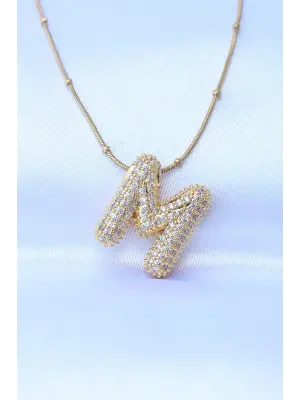  Zincirli Zirkon Taşlı M Harfli Altın  Bubble Çelik Kolye