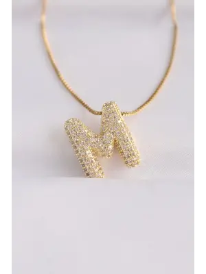  Zincirli Zirkon Taşlı M Harfli Altın  Bubble Çelik Kolye
