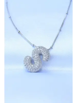  Zincirli Zirkon Taşlı S Harfli Gümüş  Bubble Çelik Kolye