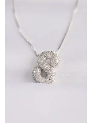  Zincirli Zirkon Taşlı S Harfli Silver  Bubble Çelik Kolye